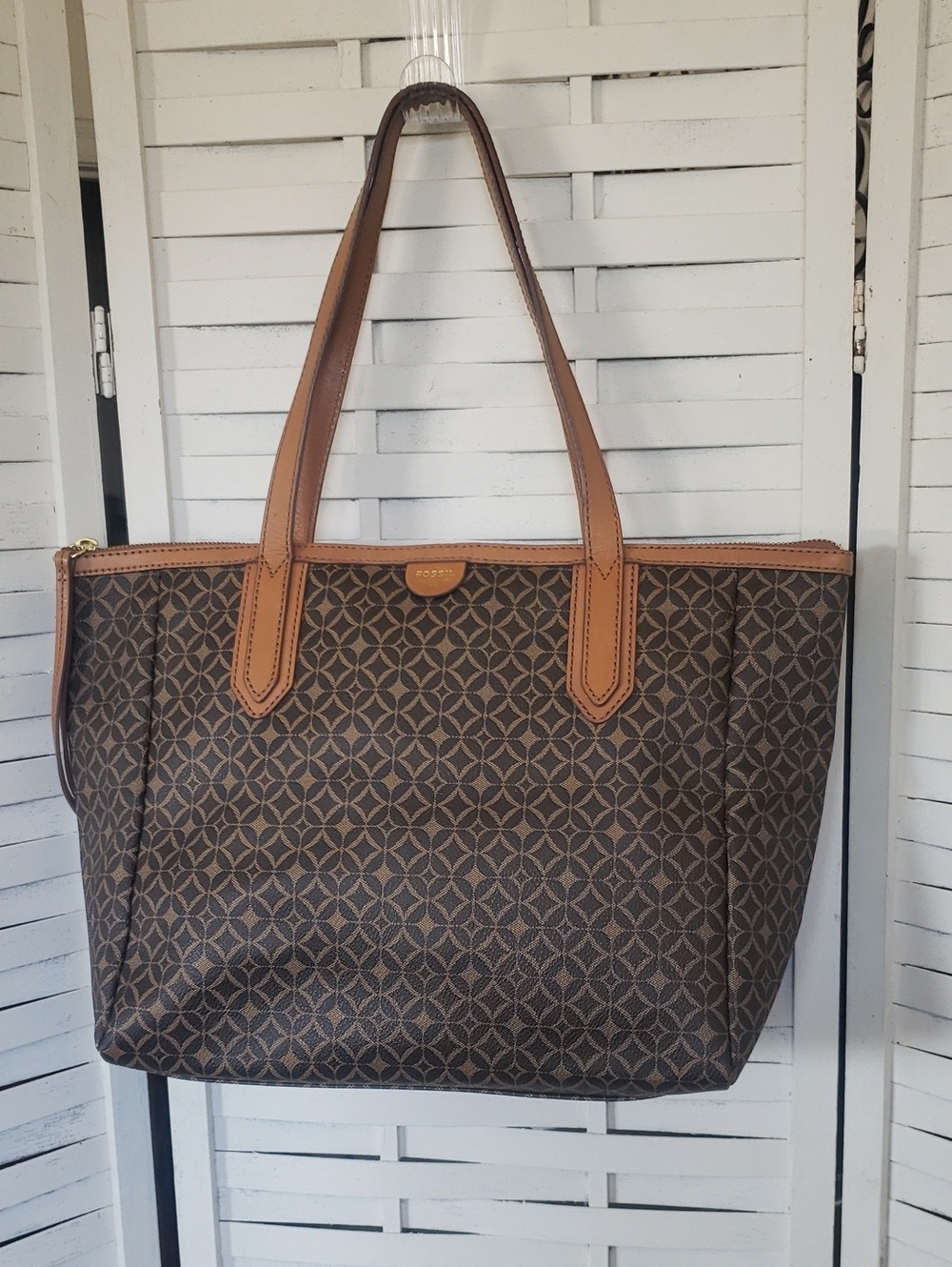 Fossil Brown Geometric Print Tote with Tan Trim